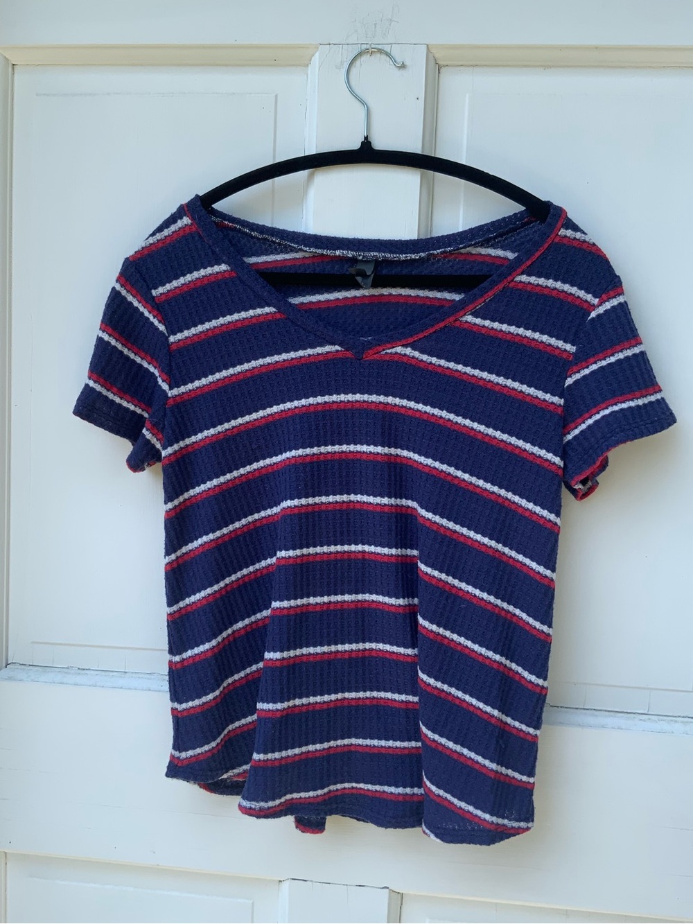 Striped Navy Short Sleeve Tee with Red and Cream Accents - S
